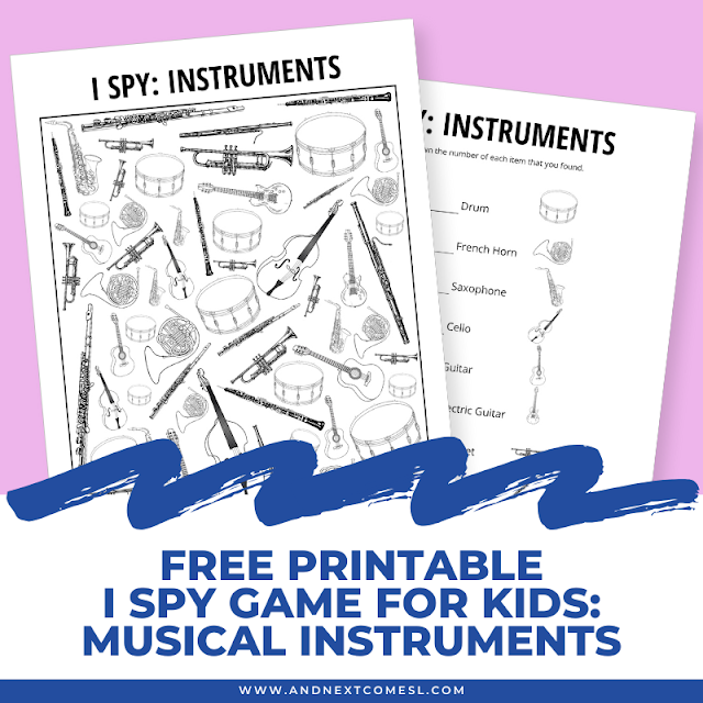 Free printable musical instruments themed I spy game for kids - a fun music game for kids to learn about instruments