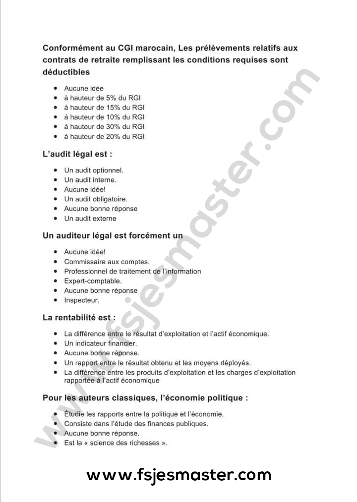 Exemple Concours Master Comptabilité Contrôle Audit (CCA) 2020-2021 - Fsjes Souissi