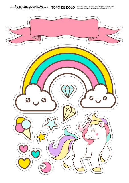 Baby Unicorn with Diamonds, Stars and Hearts: Free Printable Cake Toppers.