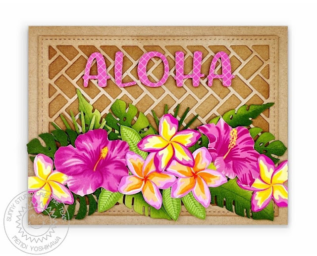 Sunny Studio Tropical Flowers & Leaves Aloha Card (using Summer Greenery, Chloe Alphabet, Frilly Frames Herringbone Dies, Radiant Plumeria & Hawaiian Hibiscus Stamps)