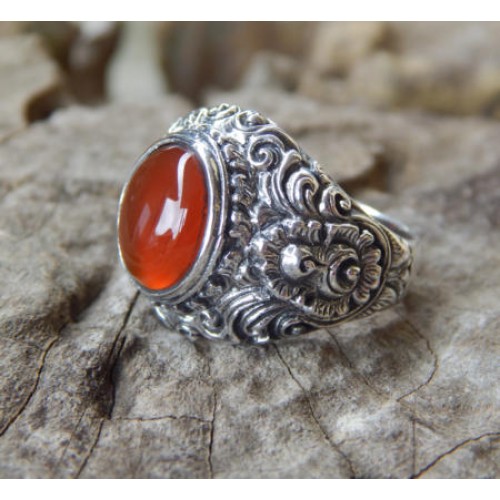 Cincin perak  motif ukir bali  patra batu cornelian 