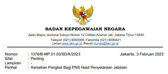 Surat Edaran Kepala BKN tentang Kenaikan Pangkat Bagi PNS Hasil Penyetaraan Jabatan