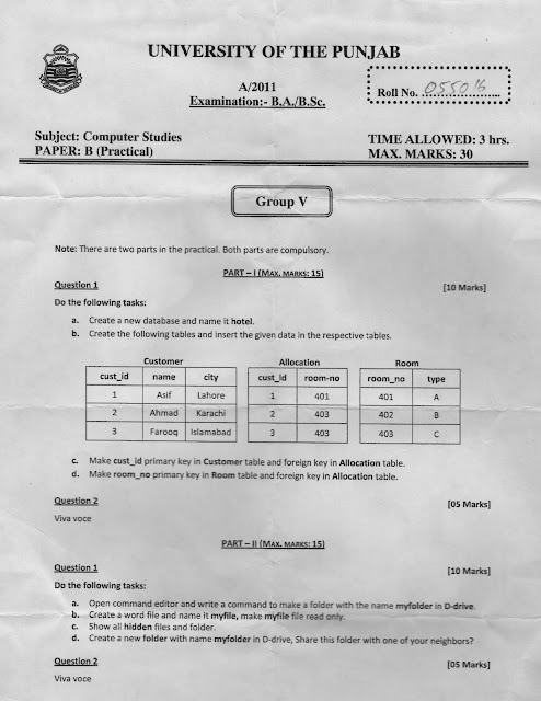 COMPUTER PRACTICAL PAPER FOR  B. A. B. Sc., CLASSES  FOR  UNIVERSITY OF THE PUNJAB  1ST ANNUAL 2009