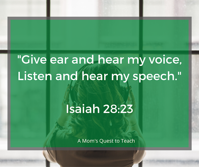 background photo of woman wearing headphones; Text: "Give ear and hear my voice, Listen and hear my speech." Isaiah 28:33