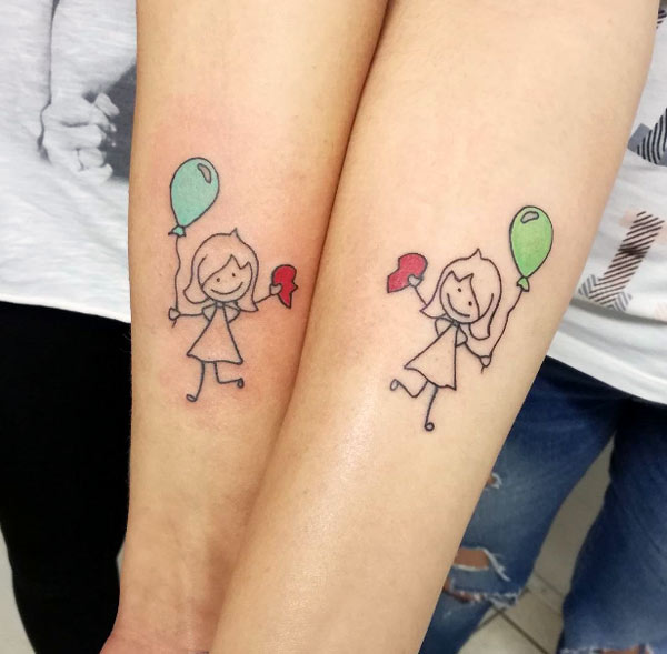 Nice and cute best friend tattoos matching girls holding broken heart and balloon