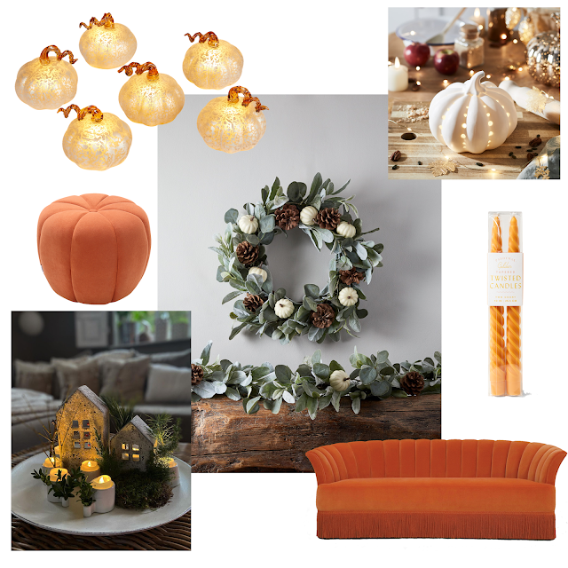 minimal halloween decor white, soft leaves and metallic accents with orange velvet