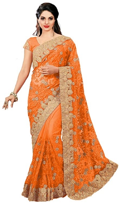 Nivah Fashion Women's Net Heavy Embroidery Work Saree with Blouse Piece (Orange).K682A
