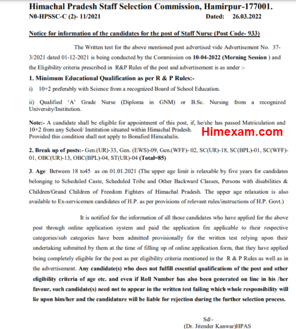 Important notice for the post of Staff Nurse (post code -933):- hpssc hamirpur