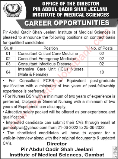 Pir Abdul Qadir Shah Jeelani Institute of Medical Sciences Gambat Jobs June 2022 / Pkjobstrack Jobs in PAQSJIM