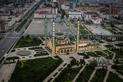 The Akhmad Kadyrov Mosque (Russian — Mechet Akhmata Kadyrova) is located in Grozny, the capital of Chechnya. It is one of the largest mosques in Russia and is officially known as the "The Heart of Chechnya" , Russian — Serdtse Chechni). The mosque is named after Akhmad Kadyrov who commissioned its construction from the mayor of Konya. The mosque design with a set of 62-metre (203 ft)-tall minarets is based on the Blue Mosque in Istanbul. On October 16, 2008, the mosque was officially opened in a ceremony in which Chechen leader Ramzan Kadyrov spoke and was with Russian Prime Minister Vladimir Putin. In this mosque, ten thousand Muslims can pray at a time and its minarets reach 62 metres (203 ft) high.