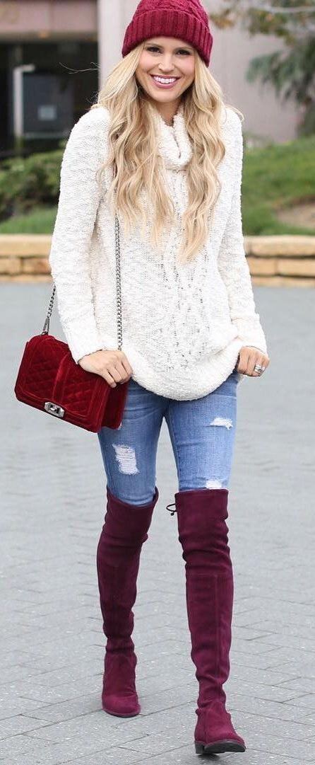 winter cozy outfit : red hat + white sweater + bag + rips + over the knee boots