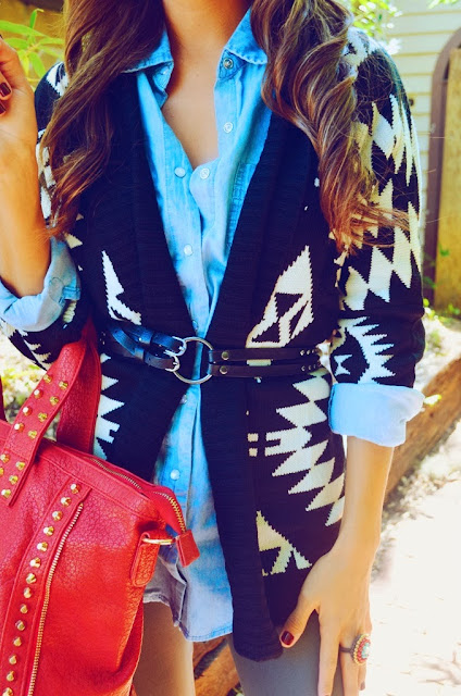 Black and white long sweater and blue shirt for fall