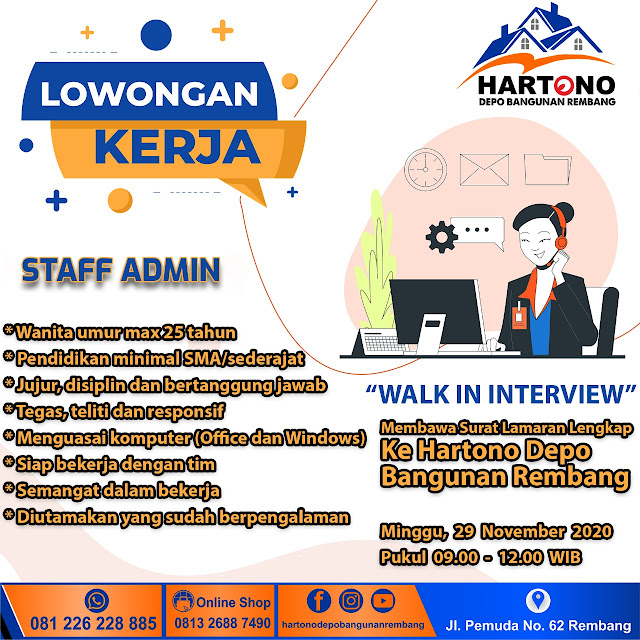 Lowongan Kerja Desain, Admin, SPG, Gudang Hartono Depo Bangunan Rembang