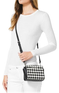 Michael Kors Selma MINI Messenger Cross-body Bag in Black & White Houndstooth Saffiano Leather