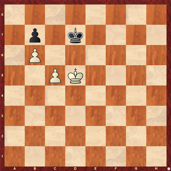 Valkea: Kd5, sotilaat c5 ja b6, musta Kd7, sotilas b7.