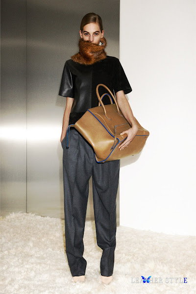 leather style, Céline, model, fur shawl, leather T-shirt, leather bag, fashion brand, collection