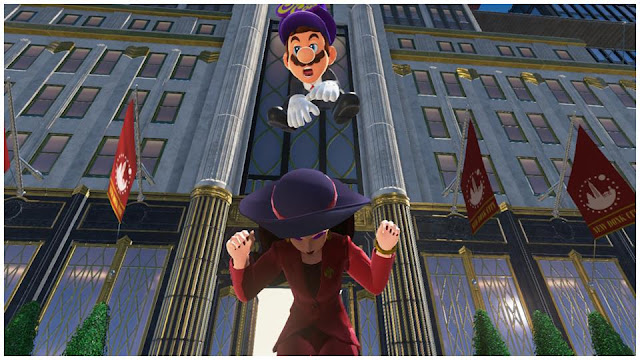 Super Mario Odyssey jumping on attacking assaulting Mayor Pauline New Donk City stoned face