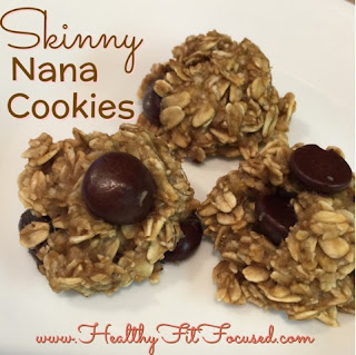 Skinny Nana Cookies...only 3 ingredients.  Banana, Oats, Dark Chocolate Chips!  Kid and Hubby approved!