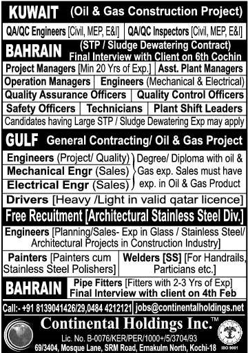 Oil & Gas construction Project Jobs for Kuwait, Bahrain - Free Recruitment