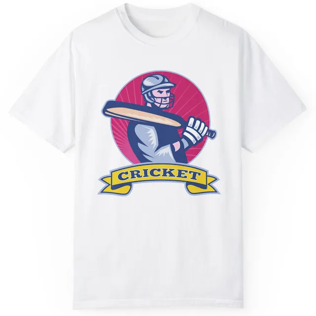 Garment Dyed Personalized Cricket T-Shirt With Illustration of a Cricket Batsman Holding Bat Side View With Sunburst in Background Done in Retro Style