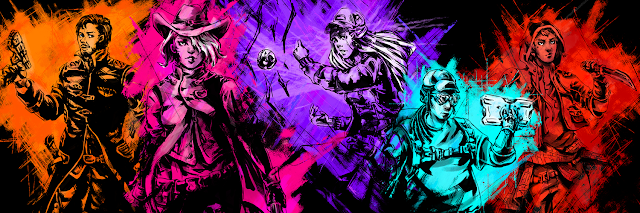 character archetypes from the game in sketched illustration with bright colors overlaid