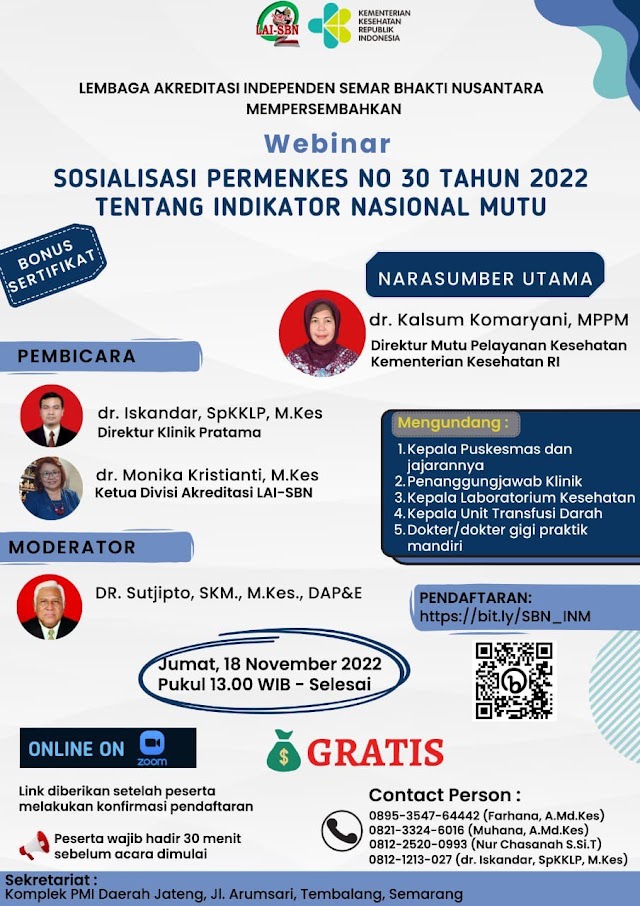 (GRATIS) Webinar Sosialisasi Permenkes No 30 Tahun 2022 Tentang Indikator Nasional Mutu