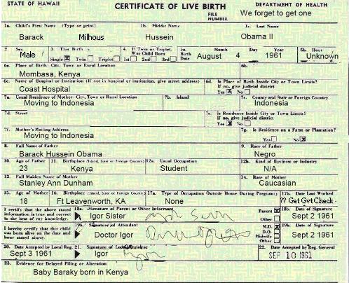 no birth certificate obama. kenyan irth certificate