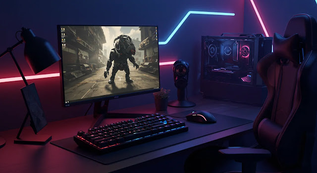 Una configuración de juegos de alta tecnología con dispositivos esenciales: un teclado mecánico con iluminación RGB, una silla ergonómica para juegos, un monitor de alta resolución y un ratón profesional para juegos. La escena crea una atmósfera futurista e inmersiva con iluminación de neón.