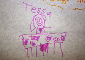 Tessa's completed pic from the wall mentioned above. Teh, heh...gotta love kid-created art.