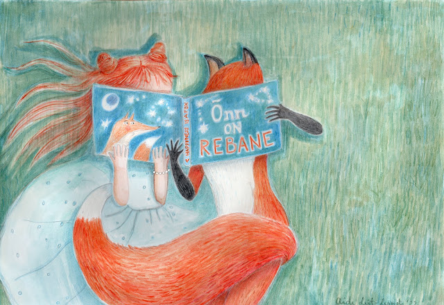 Happiness is a fox werefox reading book illustration red hair girl drawing joonistus art aquarelle