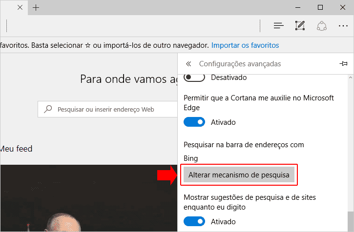 Alterando mecanismo de pesquisa do Edge - Do Bing para Google