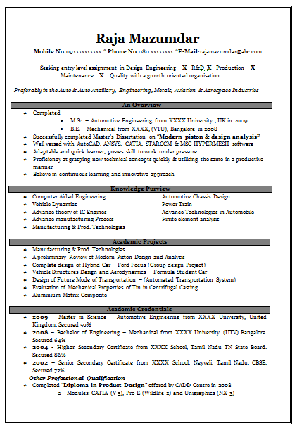 Technical Resume Examples For Freshers