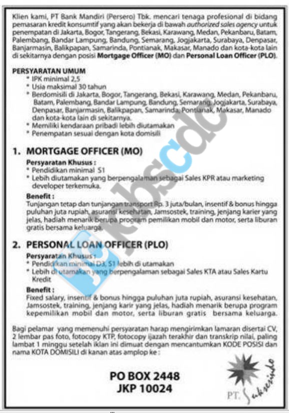 PT Bank Mandiri (Persero) Tbk - Mortgage Officer, Personal 