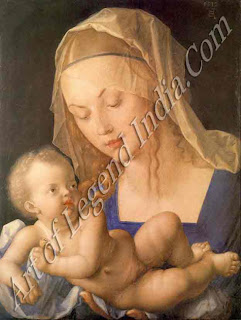 Virgin and Child (1512), Also known as Virgin with the Pear, this oil painting of the Madonna is one of many devotional pictures which Durer painted during his lifetime. Executed after his second visit to Venice, the painting is a mixture of the Northern and Southern traditions. The Italian influence is evident in the vibrant colours and classical figures of mother and child, while the Virgin's dress is essentially Northern in character. 