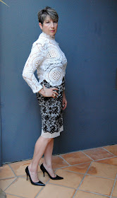 WHITE LACE BLOUSE WITH BLACK & WHITE FLOWER PTINT PENCIL SKIRT