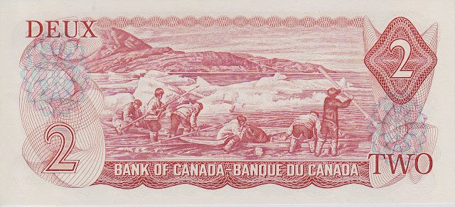 Canada 2 Dollars banknote 1974 Inuit family preparing their kayaks for a hunt, photograph of Joseph Idlout