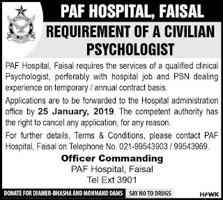 PAF Hospital Karachi Jobs 2019 for Civilian Psychologist
