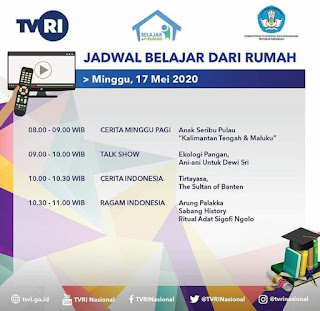 Jadwal Belajar TVRI Hari Ini Minggu 17 Mei 2020