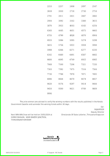 Off:> Kerala Lottery Result; 08.01.2024 Win Win Lottery Results Today "W-751'