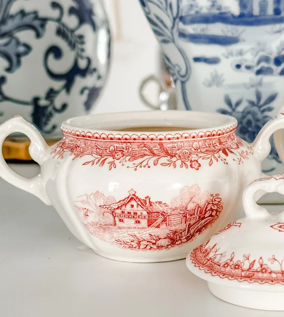 red and white transferware piece