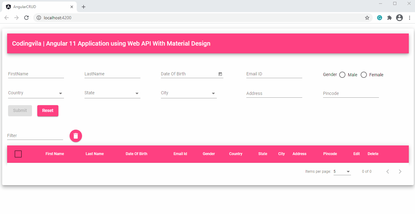 Angular 11 Application using Web API With Material Design