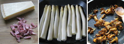 Spargel mit Parmesan-Sauce und warmem Pfifferling-Rucola-Salat