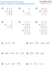 MamaLovePrint . 小二數學工作紙 . 加數 減數 乘數練習 [附答案] Daily Practice Addition Subtraction Multiplication Exercise Grade 2 Math Worksheets PDF Free Download