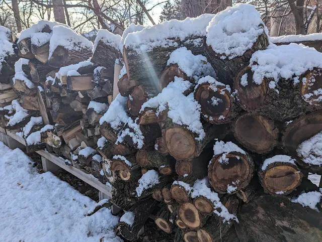 Stacked Firewood covered in snow provides "winter interest" in the garden.