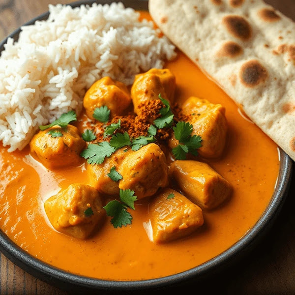 Butter chicken curry in a wooden bowl, garnished with cilantro and a sprinkle of garam masala, accompanied by naan bread and basmati rice.