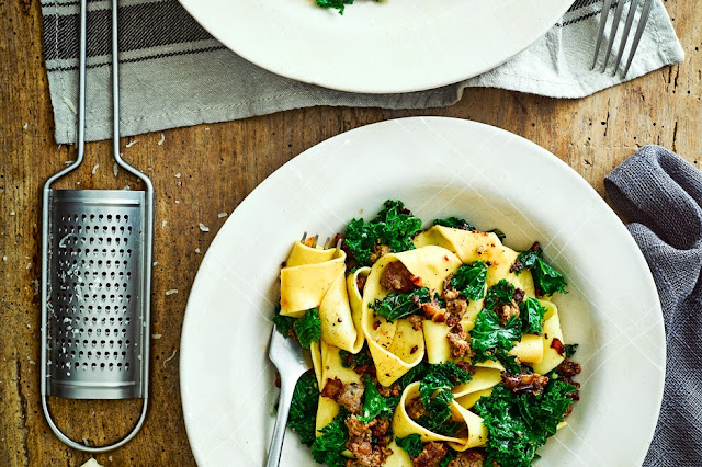 Pappardelle with spicy sausage and kale