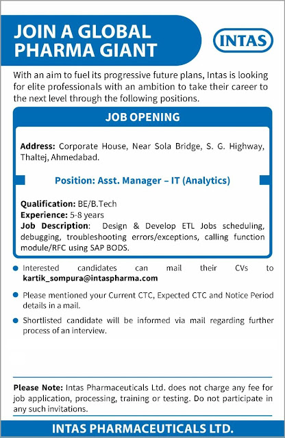 Job Availables, Intas Pharma Limited Job Opening for IT Department