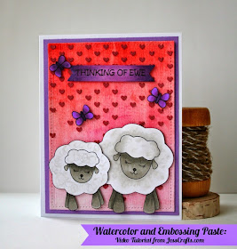 Thinking of Ewe Sheep Card by Jess Crafts featuring Simon Says Stamp Falling Hearts Stencil Embossing Paste and Watercolor Ombre