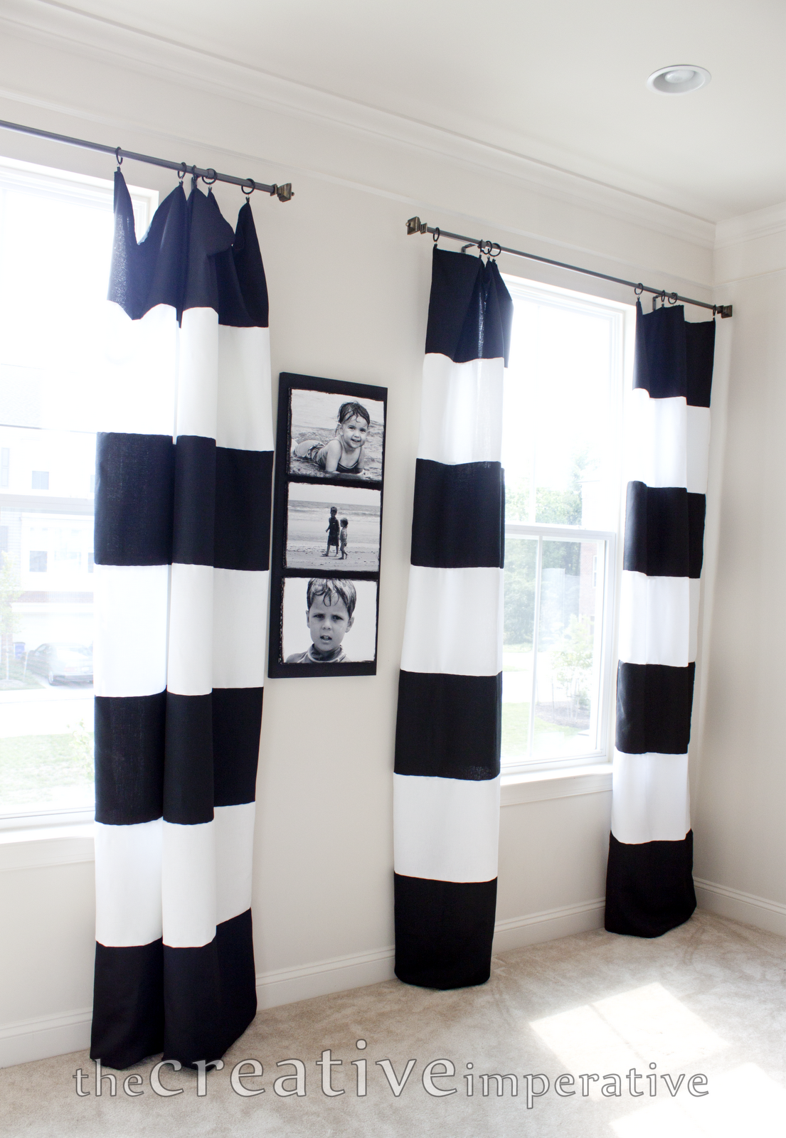 Black and White Horizontal Striped Curtains made from tablecloths title=