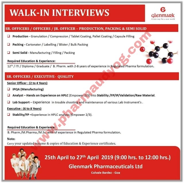 Glenmark Pharma | Walk-in interview for Production/Packing/Quality | 25th to 27th April 2019 | Goa